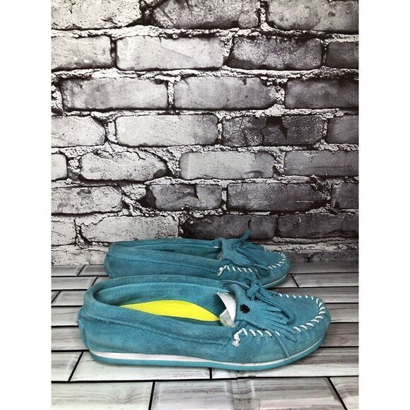 Minnetonka Kilty Turquoise Suede Leather Moccasins Driving Shoes Women Sz 7.5M - Picture 4 of 16